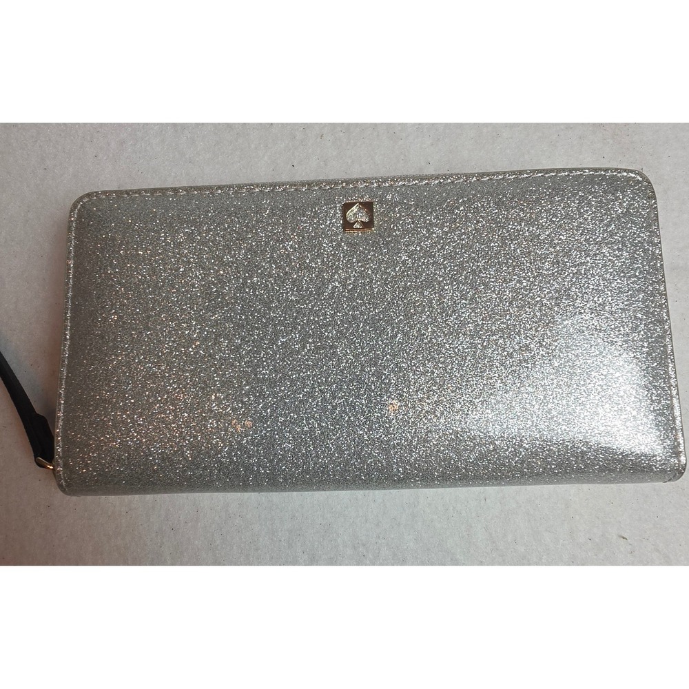 Kate Spade Silver Glitter Zip Around Wallet Metallic Anthracite Tassel Accordion